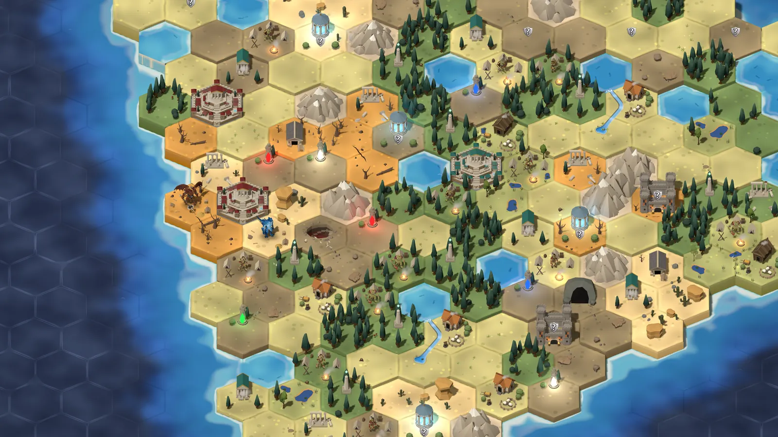 The map by day: sand, forest, mountains and walled cities