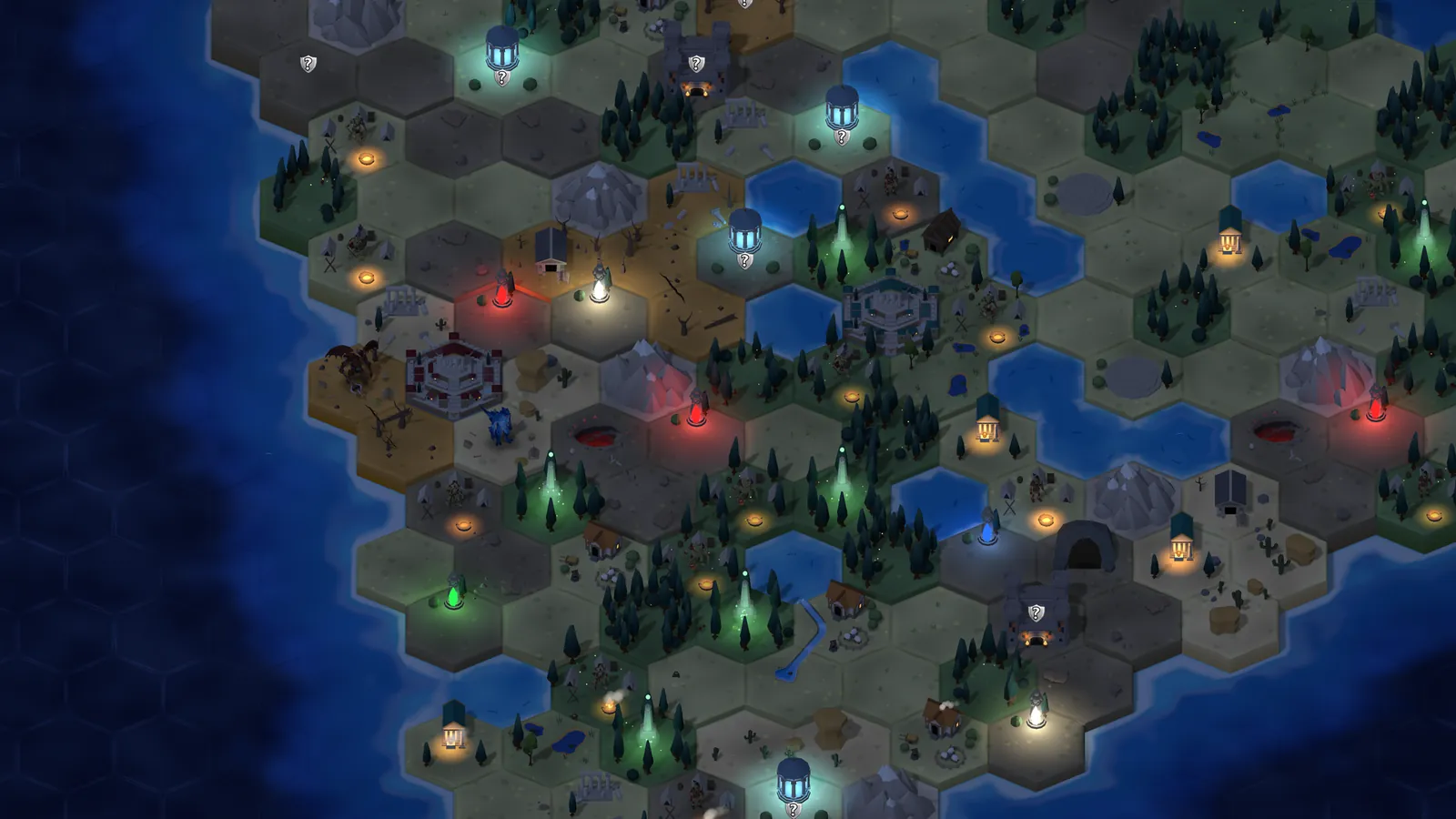 The map by night, lit by campfires and city lights