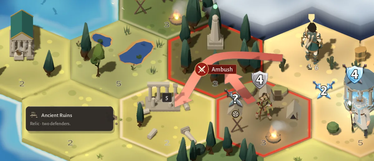 A battle mark and a red arrow on an Ambush step