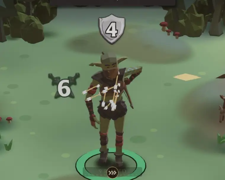 A goblin archer with arrows in her body, drawing her bow at you