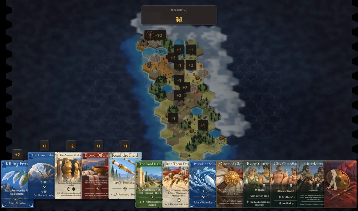 The whole island with its points, and the scoring cards in a row below
