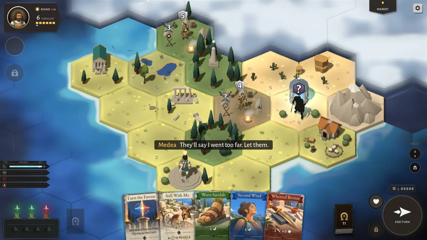 Medea's line shown as a subtitle on the map