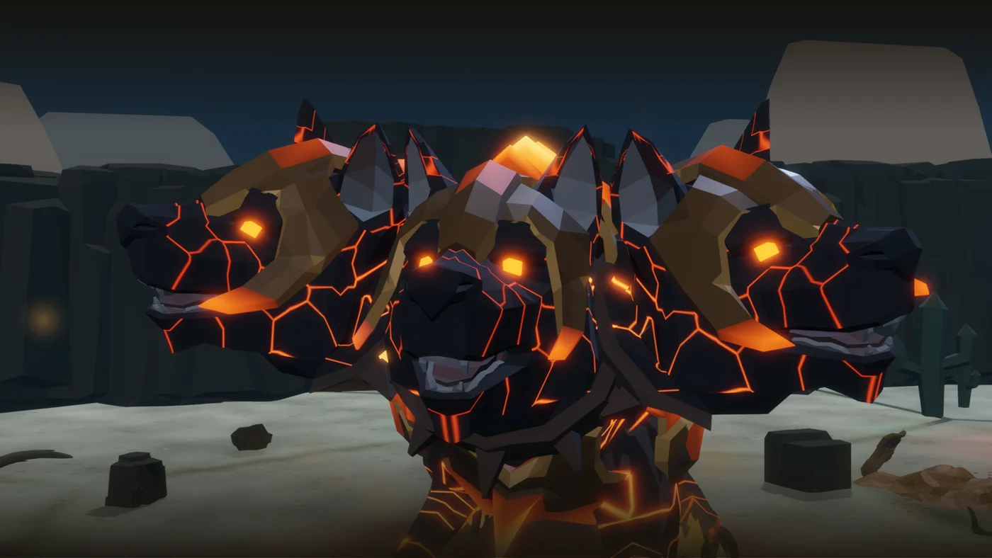 Cerberus: three heads in bronze helmets, lava cracks in his skin