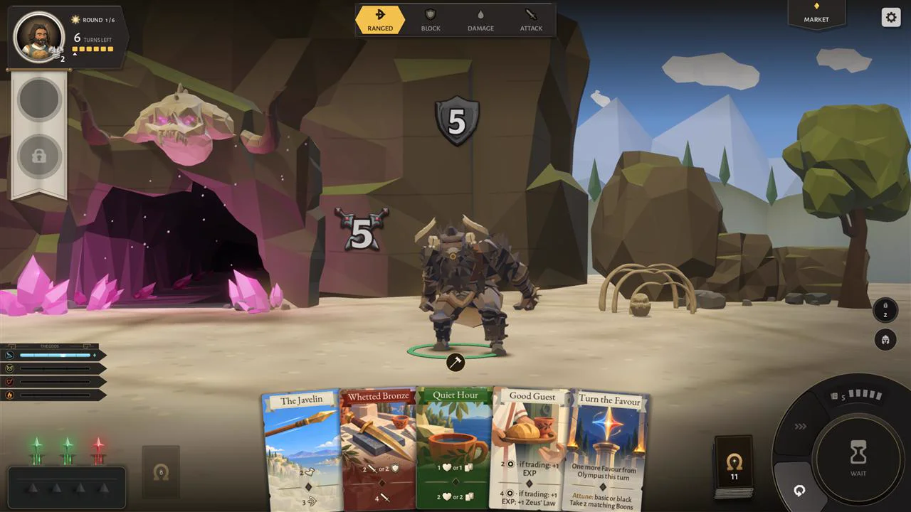 A fight at the lair, in front of a cave lit by pink crystals